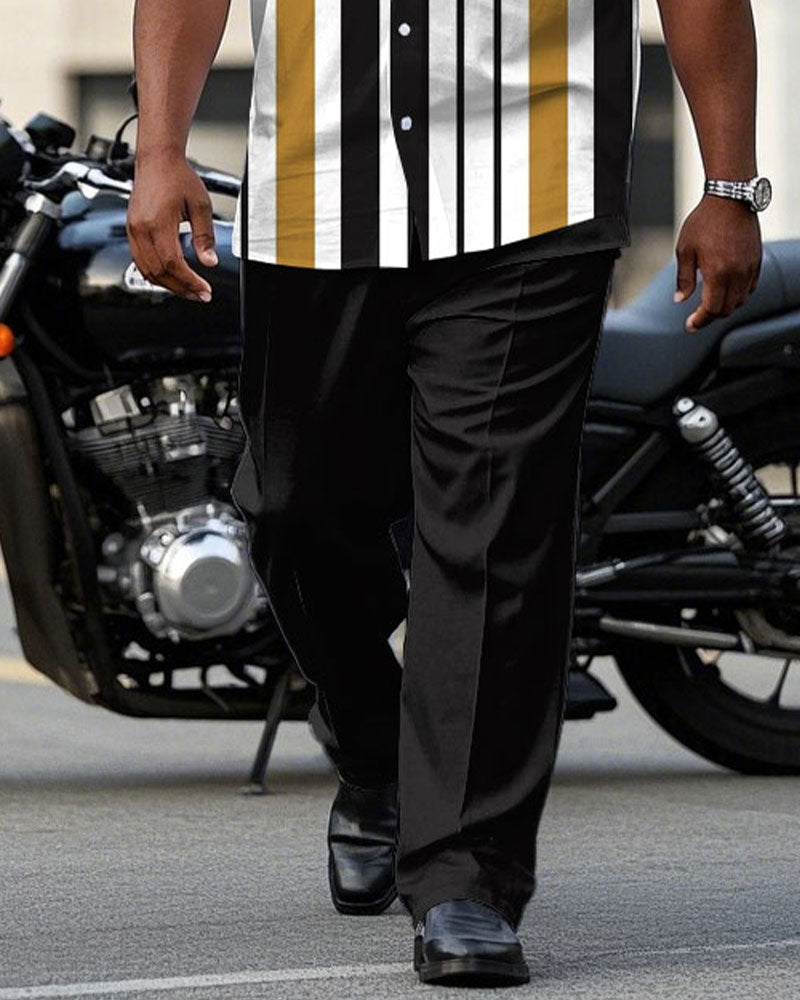 Men's Plus Size Black & White & Khaki Striped Short Sleeve Shirt Trousers Suit