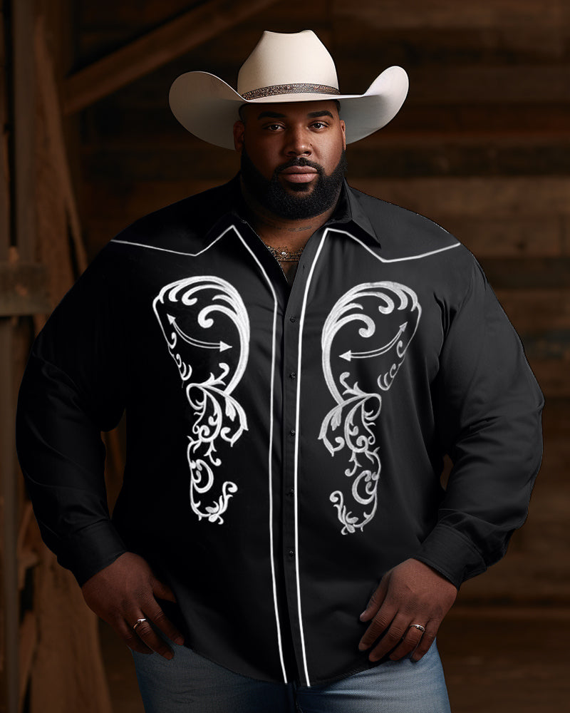 Men's Plus Size Western Cowboy Embroidered Long Sleeve Shirt