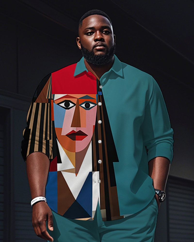 Men's Plus Size Green Blue Color Block Abstract Avatar Cartoon Print Long Sleeve Shirt Trousers Suit