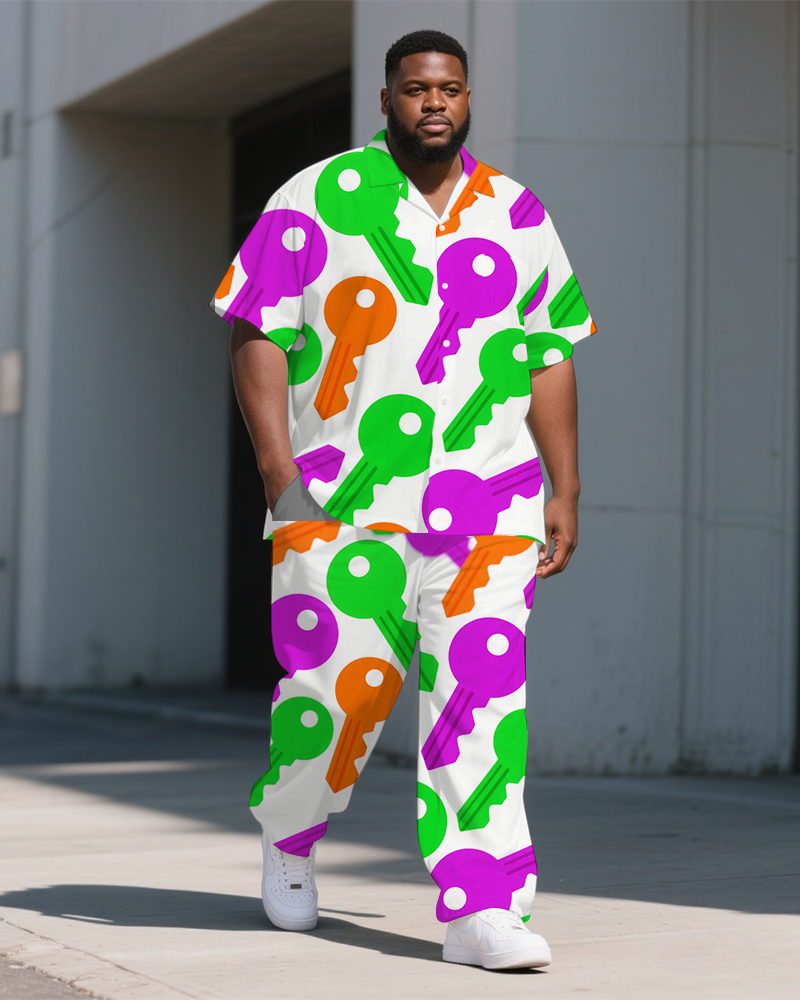 Big Guys Cartoon World Colorful Key Printed Laid Back Short-Sleeve Shirt Pants Sets