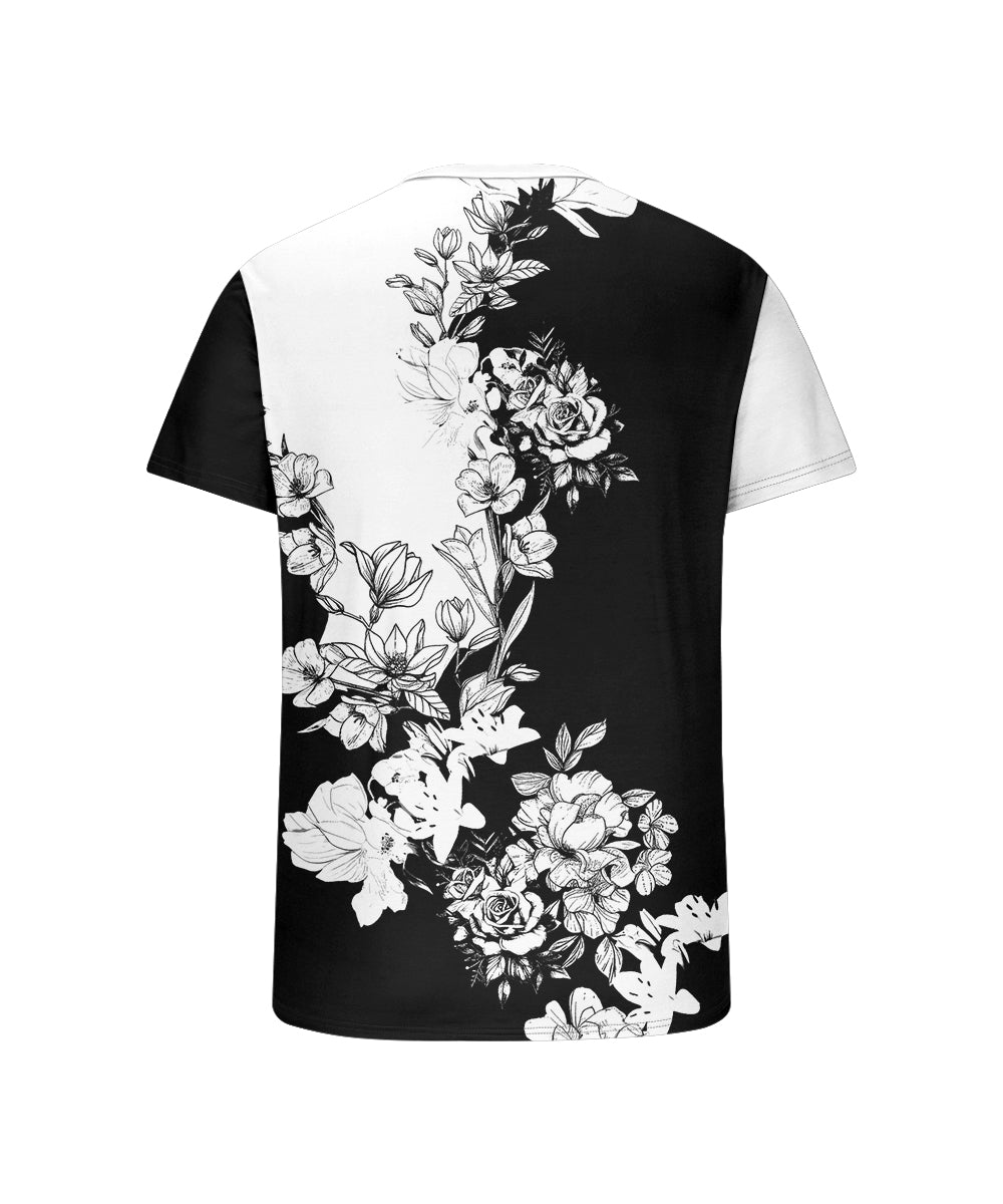 Men's Plus Size Black And White Floral Print Henley Collar Button Short Sleeve T-shirt
