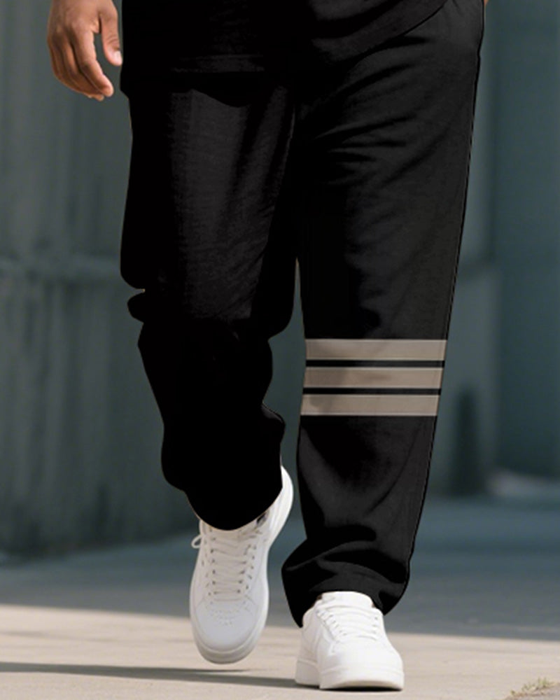 Men's Plus Size Black And White Color-block Line Print Henry Collar T-shirt Trousers Suit
