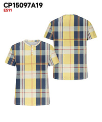 Men's Plus Size Yellow Check Print Henry Collar Button Short Sleeve T-shirt