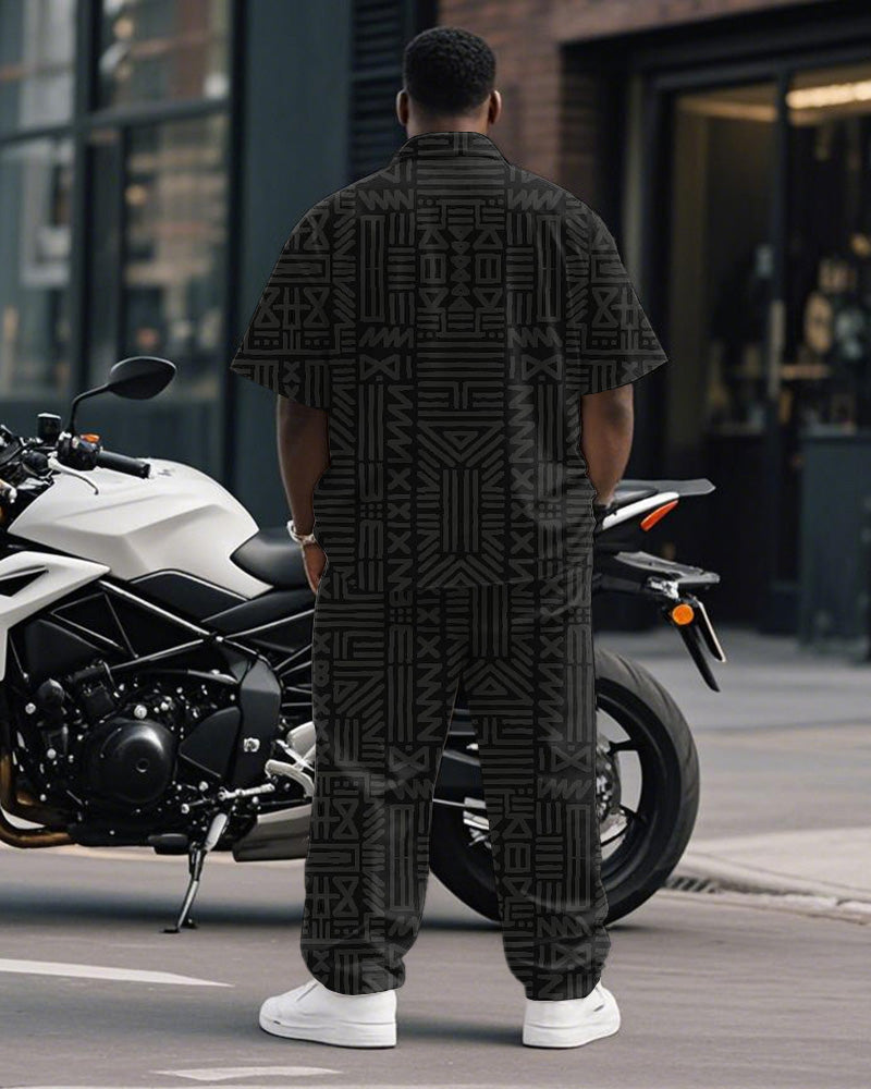 Men's Plus Size Business Black Dark Pattern Geometric Print Short Sleeve Shirt Trousers Suit