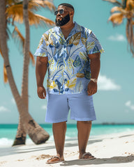 Men's Big and Tall Hawaiian Blue Tropical Leaf Print Shirt Shorts Set