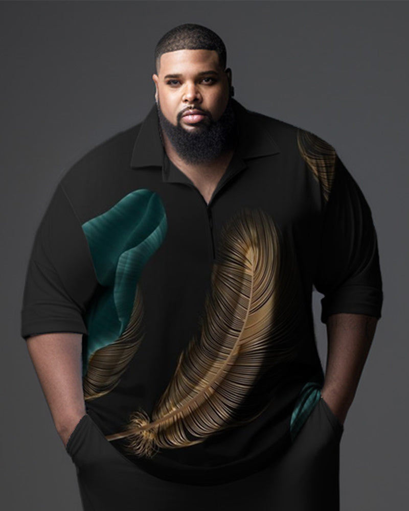 Big Men's Black Ombre Art Plus Size Business Polo Zipper Shirt and Pants Two-piece Set
