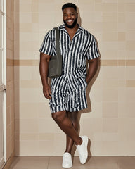 Big Man's Retro Daily Casual Black White Striped Color Block Printing Short Sleeve Shirt Shorts Suit