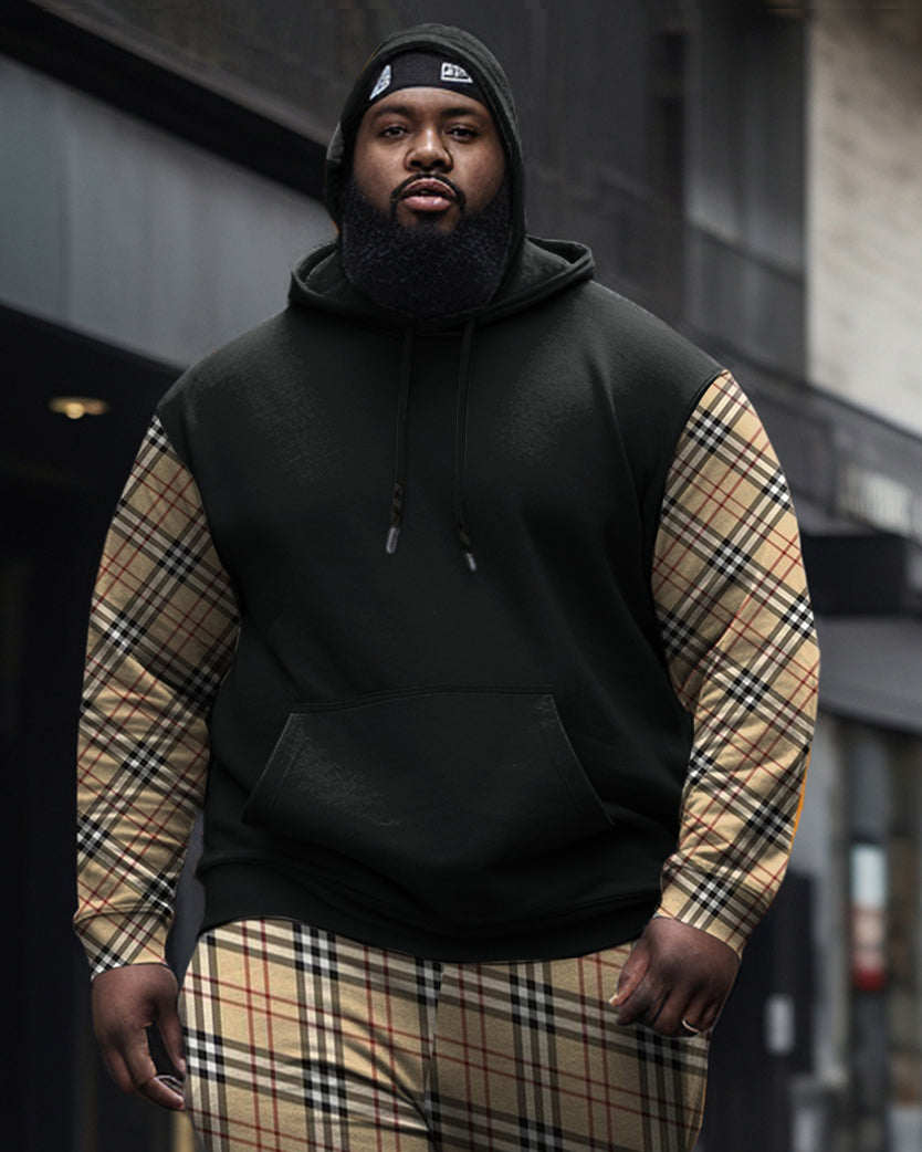 Men's Plus Size Plaid Casual Sports Hoodie Long Sleeve Color Block Two Piece Set