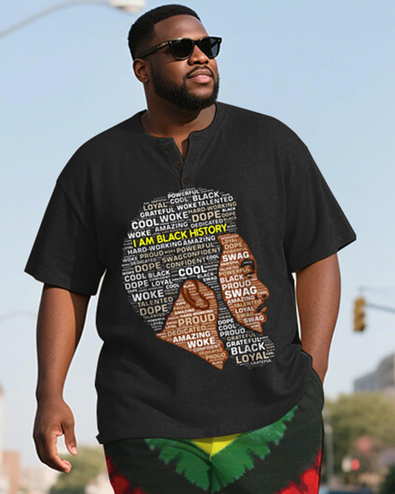 Men's Plus Size Juneteenth Photo Alphabet Print Henley Collar Short Sleeve T-Shirt Shorts Suit