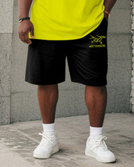 Big & Tall Men's Fluorescent Yellow Line Curved Dragon Printed Round Neck Short Sleeve T-shirt Shorts Suit