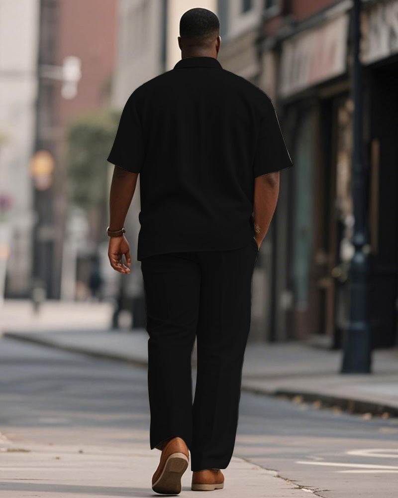 Men's Plus Size Simple Black Khakis Geometric Print Short-sleeved Shirt Trousers Suit