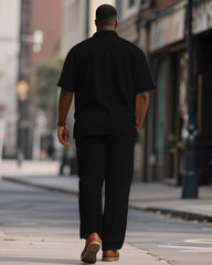 Men's Plus Size Simple Black Khakis Geometric Print Short-sleeved Shirt Trousers Suit