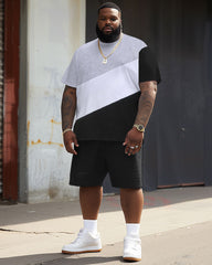 Street Casual Black And White Gray Color Block Print Large Men's Suit
