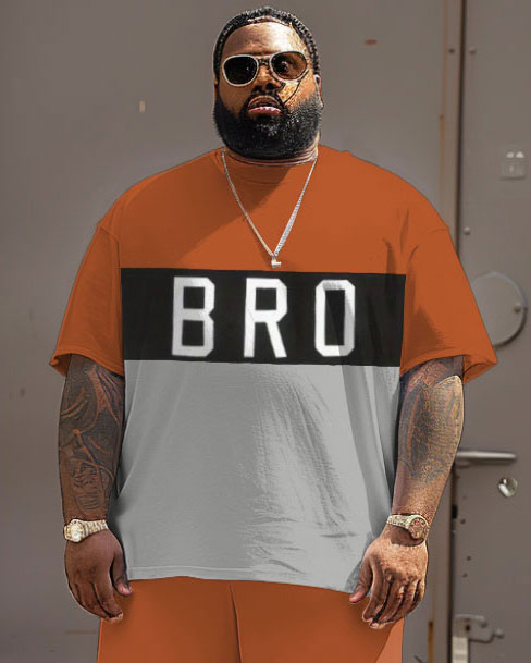 Men's Plus Size Street Casual Colorblock Bro Alphabet Print T-Shirt Shorts Suit