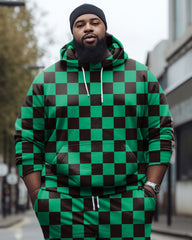 Men's Large Size Green Plaid Colorblock Casual Hoodie And Sweatpants Two-Piece Set