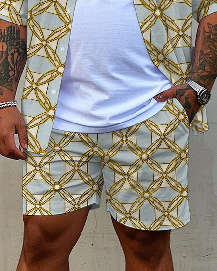 Big Men's Vintage Golden Geometric Regular Printed Pocket Casual Short Sleeve Shirt and Shorts Set