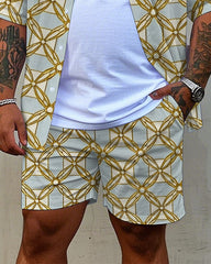 Big Men's Vintage Golden Geometric Regular Printed Pocket Casual Short Sleeve Shirt and Shorts Set