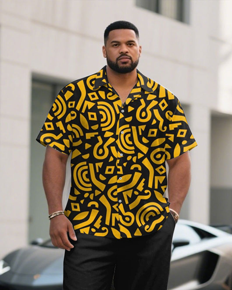 Men's Plus Size Black & Yellow Irregular Geometric Arrangement Short Sleeve Shirt Pants Suit