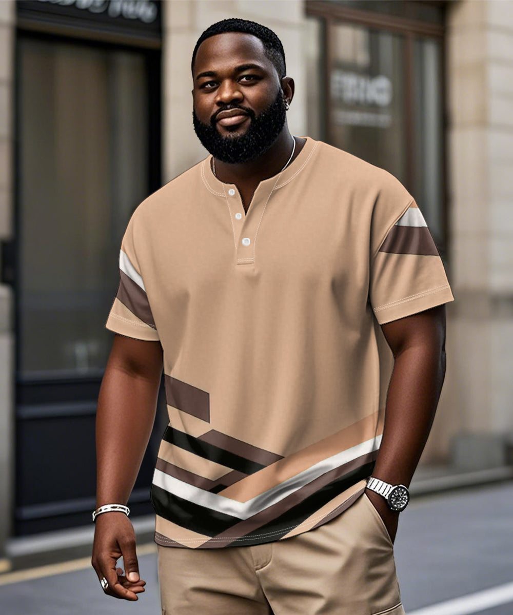 Men's Plus Size Daily Casual Orange Geometric Print Henley Collar Button Short Sleeve Tee