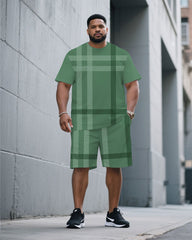 Men's Plus Size Green Large Plaid Jacquard Fabric Round Neck Short Sleeve T-Shirt Shorts Suit