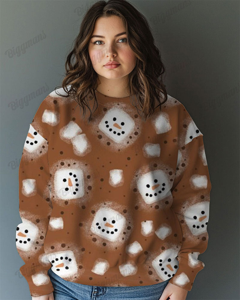 Big and Tall Cute Marshmallow Snowman Print Casual Long Sleeve Sweatshirt