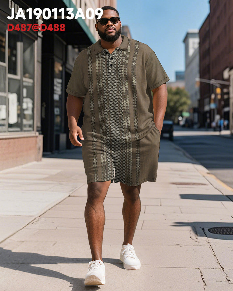 Men's Plus Size Business Brown Striped Print Short Sleeve Polo Shirt Shorts Suit