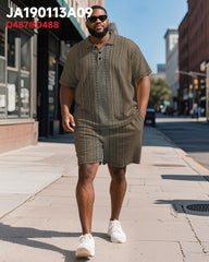 Men's Plus Size Business Brown Striped Print Short Sleeve Polo Shirt Shorts Suit