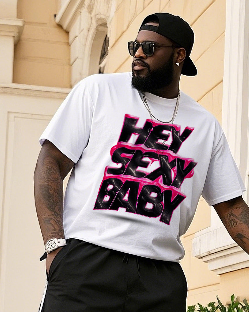 Big Men's Street Fashion Hand-painted Unique Personality Graffiti HEY SEXY BABY Short Sleeve T-shirt Shorts Suit