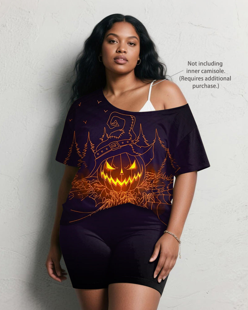 Women's Big & Tall Halloween Purple Pumpkin Graffiti Print Short Sleeve Shorts Suit