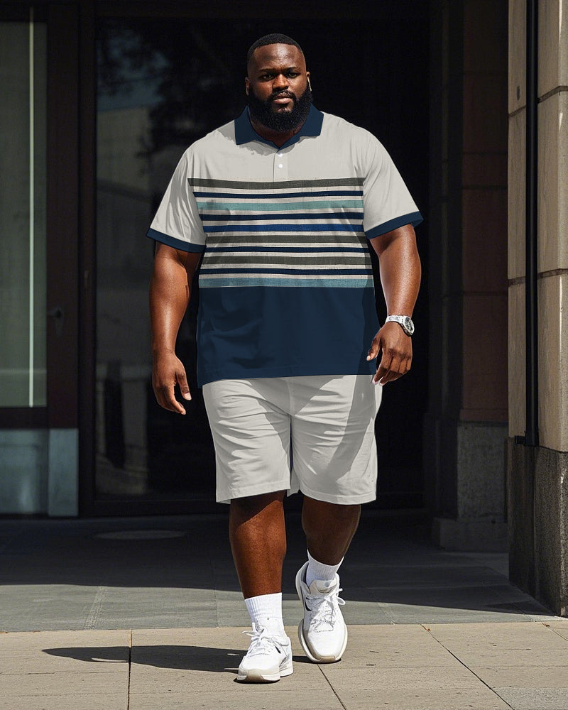 Big Men's Simple Blue Stripe Color Block Printed Short Sleeve Polo Shirt Shorts Set
