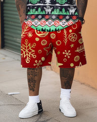 Men's Plus Size Christmas Geometric Print Patchwork Short Sleeve Shorts Set