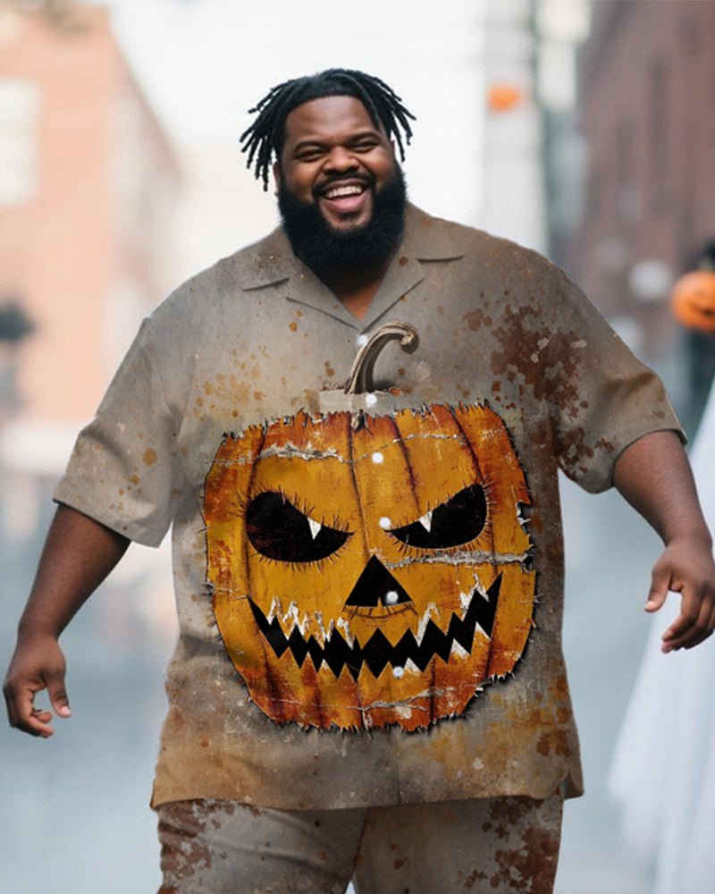 Big & Tall Men's Halloween Rust Mottled Pumpkin Expression Print Short Sleeve Shirt Pants Suit