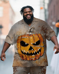 Big & Tall Men's Halloween Rust Mottled Pumpkin Expression Print Short Sleeve Shirt Pants Suit