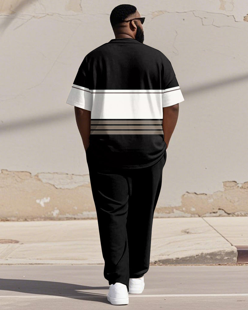 Men's Plus Size Black And White Color-block Line Print Henry Collar T-shirt Trousers Suit