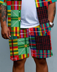Big Men's Street Fashion Colorful Plaid Splicing Style Pocket Short Sleeve Shirt and Shorts Set