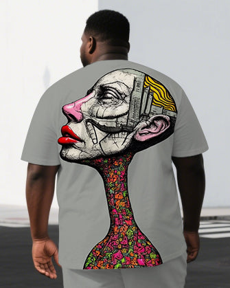 Men's Abstract Human Illustration Back Print Big & Tall Breathable Short-Sleeve T-shirt Shorts Set