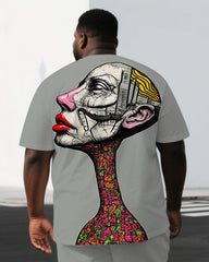 Men's Abstract Human Illustration Back Print Big & Tall Breathable Short-Sleeve T-shirt Shorts Set