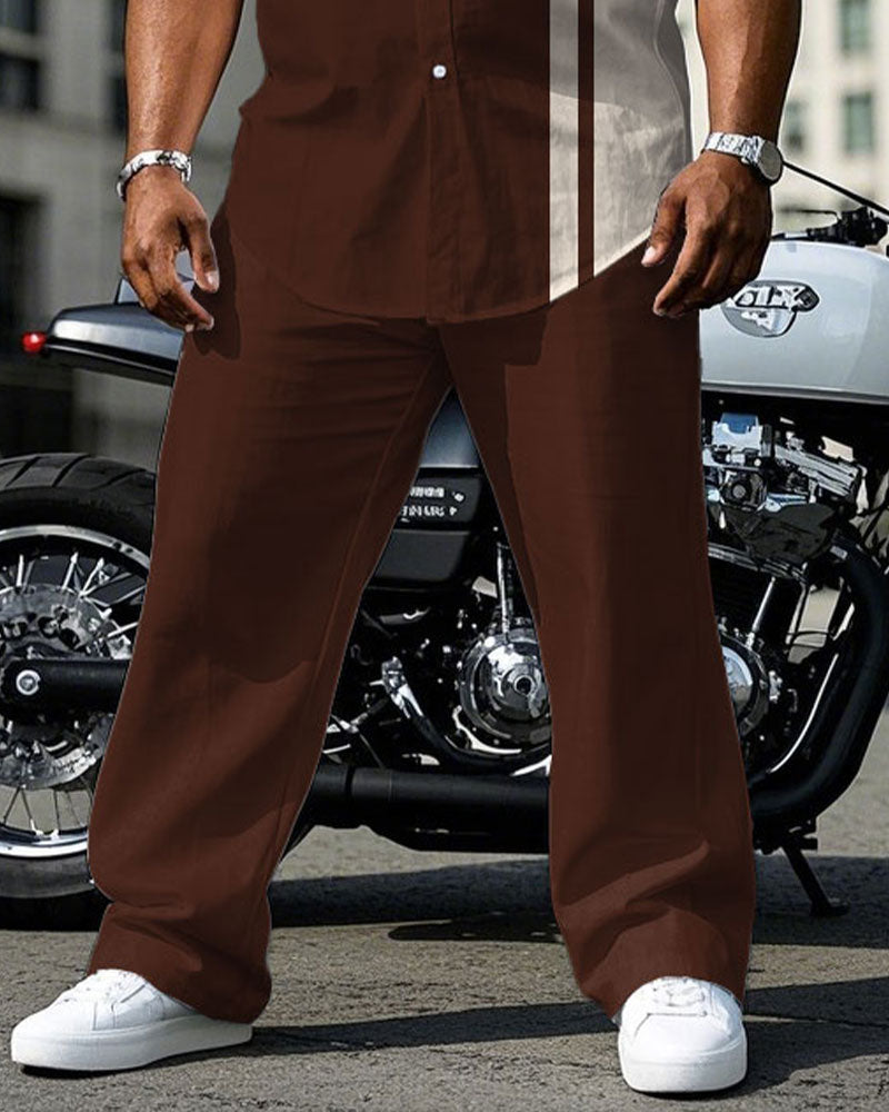 Men's Plus Size Red Brown & Apricot Colorblock Short Sleeve Shirt Pants Suit