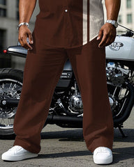 Men's Plus Size Red Brown & Apricot Colorblock Short Sleeve Shirt Pants Suit