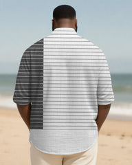 Big & Tall Men's Daily White Grey Block Stripe Print Long Sleeve Bamboo Hemp Texture Shirt