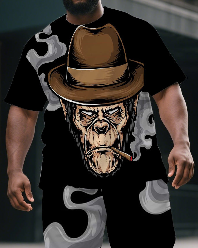 Big & Tall Men's Casual Cartoon Elder Gorillas Print Short-Sleeved T-shirt and Short Set