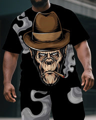 Big & Tall Men's Casual Cartoon Elder Gorillas Print Short-Sleeved T-shirt and Short Set