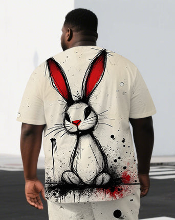 Big & Tall Men's Cartoon Sad Rabbit Sketch Back Print Short-Sleeve T-shirt 2-Piece Set