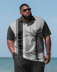 Men's Large Size Seaside Color Block Coconut Striped Hawaiian Shirt Shorts Two-Piece Set