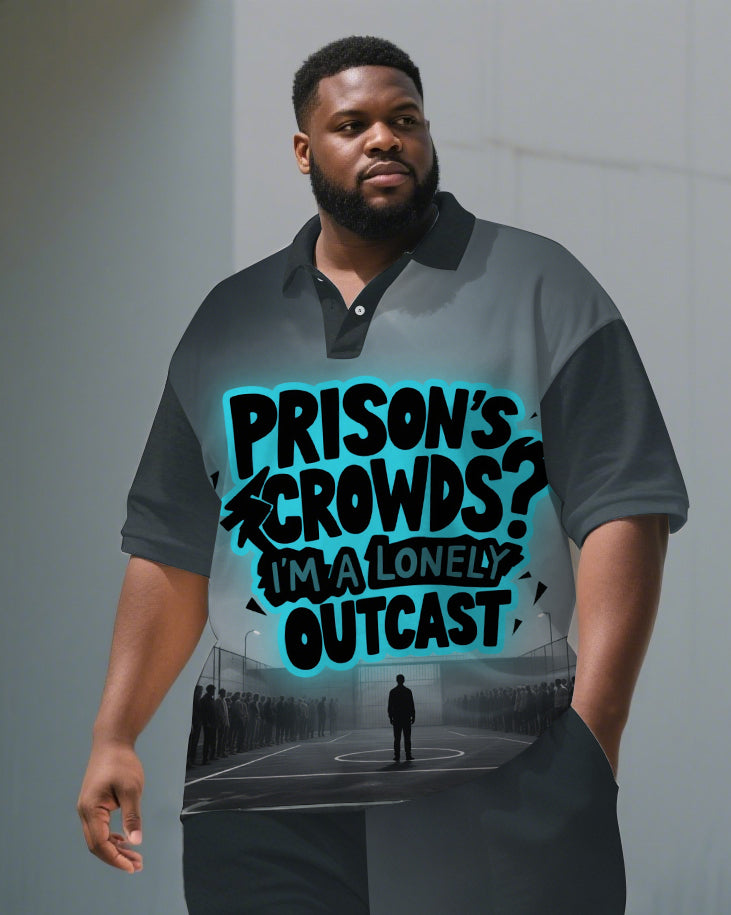 Big Men's Casual PRISON Style Lettering Streetwear Relaxed Short-Sleeve Polo Shirt Shorts Set