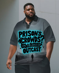 Big Men's Casual PRISON Style Lettering Streetwear Relaxed Short-Sleeve Polo Shirt Shorts Set