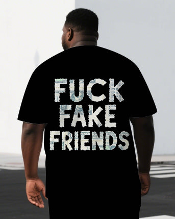 Big & Tall Men's Punk Theme FUCK FAKE FRIENDS BACK Print Casual Short-Sleeve T-shirt 2-Piece Set