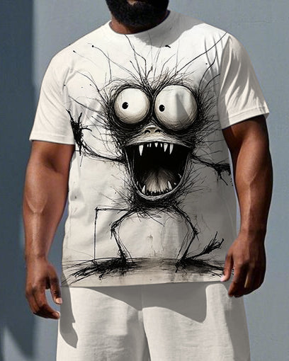 Men's Casual Surprised Elf Illustration Print Big & Tall Breathable Short-Sleeve T-shirt Shorts Set