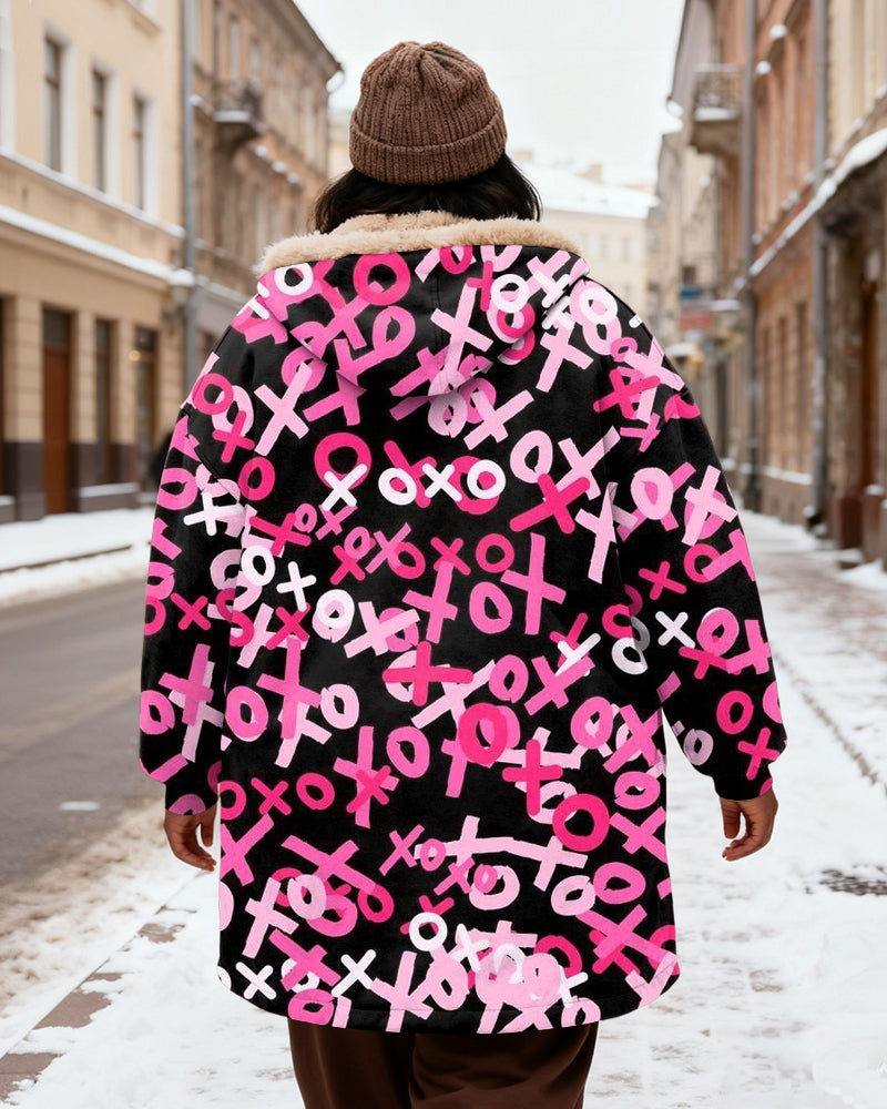 Women's Pink Black Letter Printed Velvet Thickened Long Hooded Coat