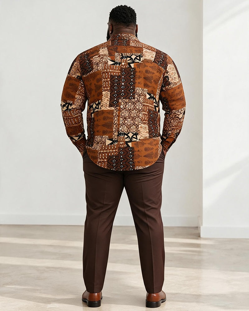 Big & Tall Men's Retro Brown Ethnic Geometric Print Long Sleeve Shirt Pants Set